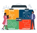 Flat design with people. HTML - hyper text markup language acronym.