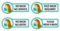 Coronavirus protection sign set. No mask no service. Face mask required. No mask no entry.