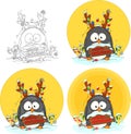 Cute colorful cartoon penguin in snow with Christmas sign, candy and lights template set. Royalty Free Stock Photo