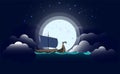 Drakkar vikings or barbarians in the moonlight, raid. Vector illustration Royalty Free Stock Photo