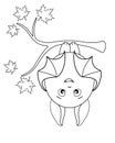 Cute fat bat hanging upside down on a maple branch - vector linear illustration for coloring. Outline. A bat on an autumn tree get