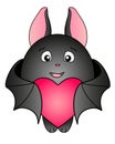 Cute fat bat hugs a heart - vector full color illustration. A bat in love - a funny illustration for children. Valentine`s Day is