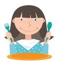 Girl with a spoon and fork in her hands in front of an empty plate waiting for food.