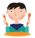 The guy, with a spoon and fork in his hands, in front of an empty plate waiting for food.