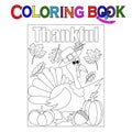 Coloring Page. Black and white illustrated thanksgiving scene.