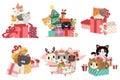 The collection of cute cat playing a gift box in flat vector style