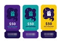 Colorful gift voucher sets. fifty dollar gift voucher illustration, gift card template with gift icon, barcode Royalty Free Stock Photo
