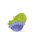 Green turtle with a purple shell and yellow tummy, lies on its back and smiles. Isolated vector illustrations on white background Royalty Free Stock Photo