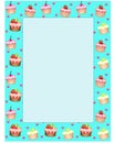 Vertical turquoise frame with cupcakes and hearts - vector full color template with copy space. Frame for photo, picture or text.