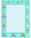 Vertical turquoise frame with cupcakes and hearts - vector full color template with copy space. Frame for photo, picture or text. Royalty Free Stock Photo