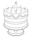 Cherry cake with a candle covered with icing. Birthday cake on a platter - vector linear illustration for coloring. Glazed cake de