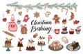 Christmas baking, a collection with seasonal winter desserts, muffins, cookies, gingerbread, rolls, hand lettering Royalty Free Stock Photo