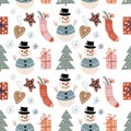 Winter decorative seamless pattern with snowmen