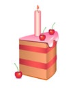 The cake is cut. Slice of cherry cake with cherries, icing and a candle - holiday sweets - vector full color illustration. Traditi