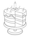 Cake on a cake stand. Cake cut without one piece - linear stock illustration for coloring. Outline. Cake with icing, candle, cherr