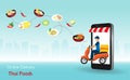 Delivery man riding motorbike from smart phone screen online deliverly Thai foods to customer. Royalty Free Stock Photo
