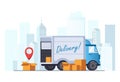 Vector illustration with truck. Fast delivery concept.