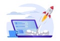 Startup business project concept with red rocket launch from laptop screen on gray background. Royalty Free Stock Photo