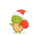 Green turtle with a purple shell and a yellow belly, stands in a New Year`s cap with a bag of Christmas gifts. Isolated vector Royalty Free Stock Photo