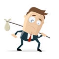 Cartoon illustration of a sad businessman who has to pack his bags and leave