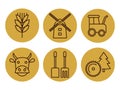 Natural farms and agriculture line icon set on yellow background.