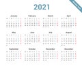 Calendar 2021 simple style week starts on Monday.