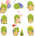 Character set. Turtle in a festive cap with balls, asleep, with hearts, near the Christmas tree, goes in for sports, has fun.
