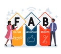 Flat design with people. FAB - Feature Advantage Benefits acronym.