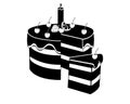 Sliced birthday cake with candle, cherries, fruits and frosting - black vector silhouette for icon or logo.