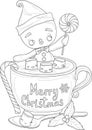 Cartoon cute gingerbread man with candy and marshmallow in a cup sketch template.