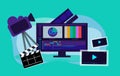 Video production vector illustration, film editing monitor