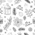 Seamless pattern Merry Christmas decor. Baubles, light bulbs, glass, tree twig, orange, cinnamon, candle, pine cone, candlestick. Royalty Free Stock Photo