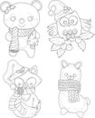 Cartoon cute Christmas decorated teddy bear, owl, fox and lama sketch template set. Royalty Free Stock Photo