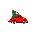Red Retro Car And Decoration Christmas Tree In Blizzard. Winter Clip Art. Holiday Poster. Xmas Greeting Card. New Year Concept.