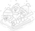 Cartoon cute penguin kids in hats and scarfs riding sleigh sketch template