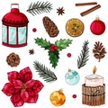 Set of colorful Christmas decor. Baubles, light bulbs, glass, cinnamon, tree twig, pine cone, orange, candle, candlestick. Royalty Free Stock Photo