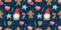 Christmas seamless pattern with gnomes, gingerbread and candies