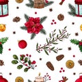 Seamless pattern.Tree twig, needles, pine, berry, holly, cotoneaster, spurge, pine cone, cinnamon, retro lamp, candle, orange. Royalty Free Stock Photo