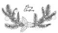 Bw wreath.A tree twig, needles, pine, berry, holly, cotoneaster, flower, balls, baubles, bulbs. Merry christmas lettering.