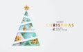 Xmas modern design with paper cut Christmas tree and realistic traditional decor elements. Christmas card, poster, banner, cover Royalty Free Stock Photo