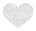 Valentine`s, romance and love themed icons doodle collage shaped into a heart black and white outline vector illustration