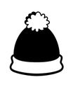 Knitted warm winter hat with lapel and pompom - vector silhouette for icon or logo. Hat - pictogram for identity - black and white Royalty Free Stock Photo