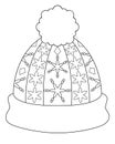 Children`s warm winter hat with a pompom and a lapel - coloring antistress - vector linear picture for coloring. Outline. A hat wi