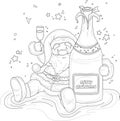 Cartoon Santa Claus character with bottle of champagne and glass in snow and stars sketch template.