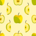 Cute seamless pattern of fresh apple halves and sliced isolated on light background. Food or drink fruit concept. Royalty Free Stock Photo