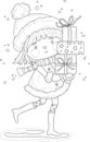 Cartoon girl in hat and scarf with pile of presents in snow sketch template.