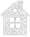 House - coloring book antistress vector linear picture for coloring. Outline. Winter small house for christmas or new year colorin