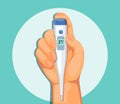 Hand holding thermometer to check temperature body symbol concept in cartoon illustration vector
