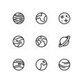 Planet icon set on white background. Contains icons such as Saturn, Jupiter, Planet Earth, and more