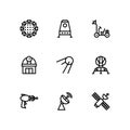 Space icon set on white background. Contains icons such as Observatory, Laser Gun, Satellite, and more